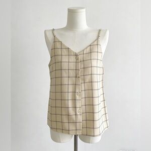 Flowy Beige Checks Sleeveless Cami Blouse Women's Camisole Top Adjustable Straps